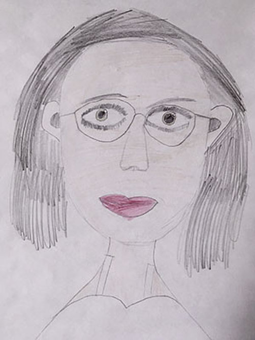 Schlichte Buntstiftzeichnung einer Frau mit Brille