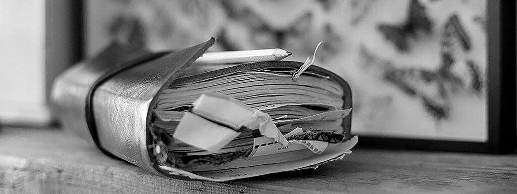Gefülltes Leder-Notizbuch vor einem Hintergrund mit Schmetterlingsmotiven