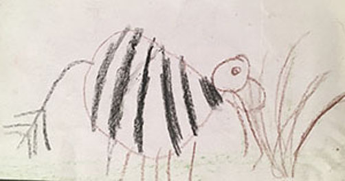 e Zeichnung eines gestreiften, fantasievollen Tieres vor Grashalmen